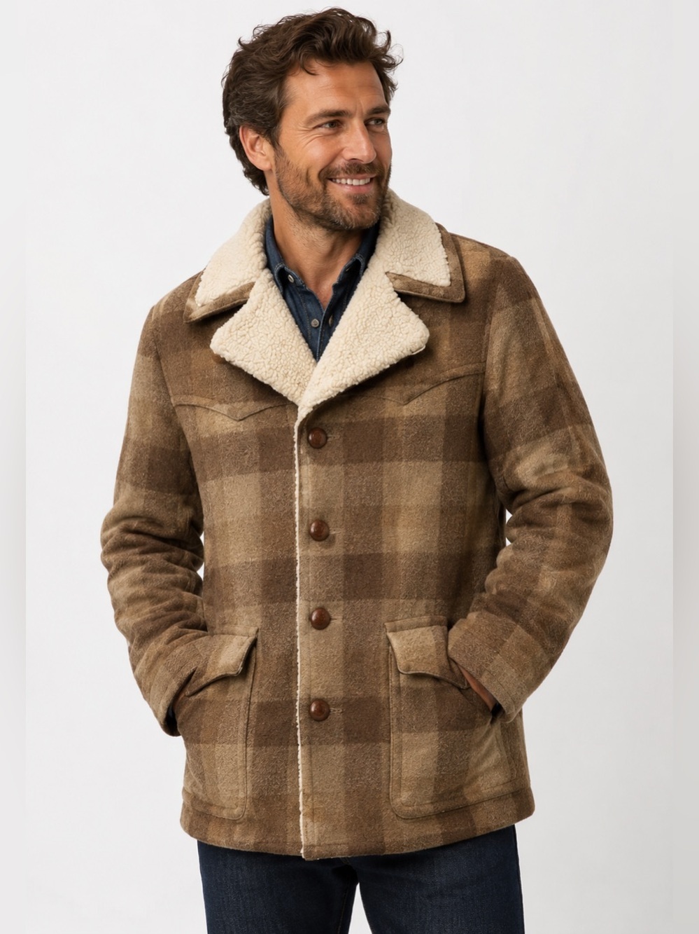 Pendleton Vintage Unisex Wool Barn Coat in Brown/Tan Checked Pattern
